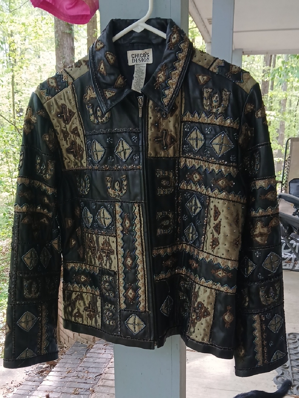 Chico's Black and Olive Patchwork Zip Bomber Jacket,100% Lambskin ,sz.2